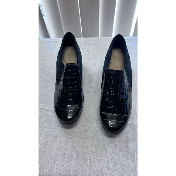 Clarks Women's Emily Amelia Leather Shiny Crocodile Pattern Clogs Black Size 8 - Picture 1 of 10